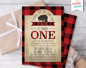 Lumberjack 1st Birthday Invitation, Buffalo Plaid Party Invite, Flannel Up for Some Fun Party Invitation, Boy First Birthday Invite #002 L4