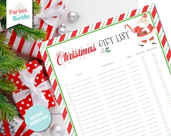 Könnte beinhalten: Eine druckbare Weihnachtsgeschenkliste mit einem rot-grünen gestreiften Hintergrund. Die Liste enthält Spalten für Name, Geschenkideen, Preis, gekauft und verpackt. Ein Cartoon-Weihnachtsmann mit einem Zuckerstock befindet sich in der oberen rechten Ecke.