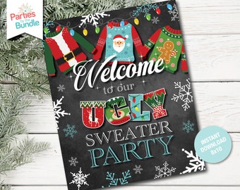 Letrero de bienvenida para fiesta navideña con suéter feo, decoración con suéter feo, letrero imprimible con suéter feo, imprimible navideño, descarga instantánea.