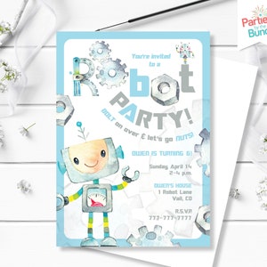 Robot Birthday Invitation, Cute Robot Invite, Nuts And Bolts Invite, Get Into Gear, Let&#39;s Go Nuts Robot Party, Boy 1st Birthday