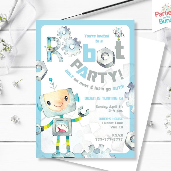 Robot Birthday Invitation, Cute Robot Invite, Nuts And Bolts Invite, Get Into Gear, Let's Go Nuts Robot Party, Boy 1st Birthday