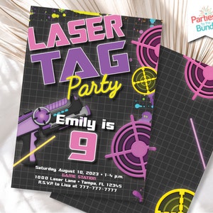 Laser Tag Birthday Invitation Neon Glow Laser Tag Party Invite Arcade Birthday Gamer Invite for Girl #002