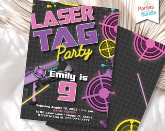 Laser Tag Birthday Invitation Neon Glow Laser Tag Party Invite Arcade Birthday Gamer Invite for Girl #002
