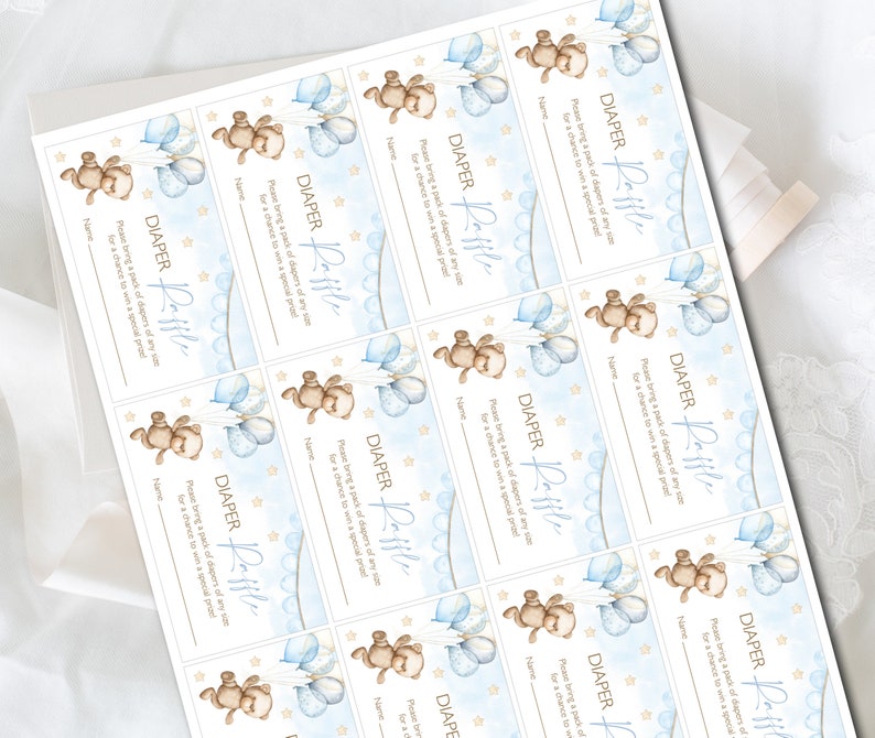 Diaper Raffle Ticket Blue Teddy Bear Baby Shower Printable | Etsy