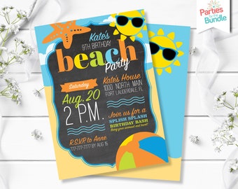 May include: A beach-themed birthday party invitation with a chalkboard background. The invitation features a yellow sun with sunglasses, a starfish, and the text "Kate's 9th Birthday Beach Party". The invitation also includes the date, time, and location of the party.
