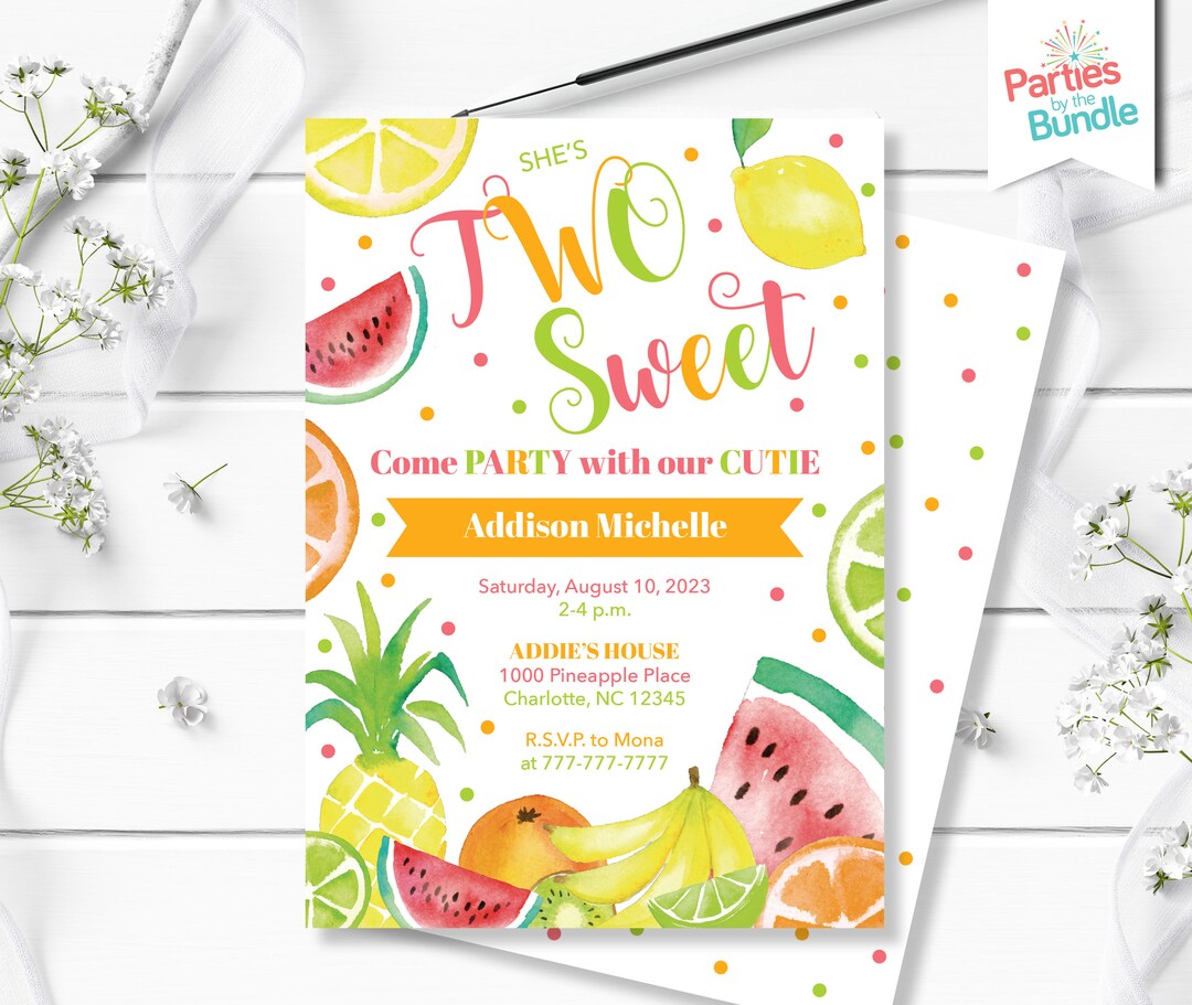 Fruit Birthday Party Invitation, Two Sweet 2nd Birthday, Tropical