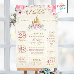 Sinal de marcos de primeiro aniversário da princesa rosa | Era Uma Vez Decoração de Cavalete | ARQUIVO DIGITAL