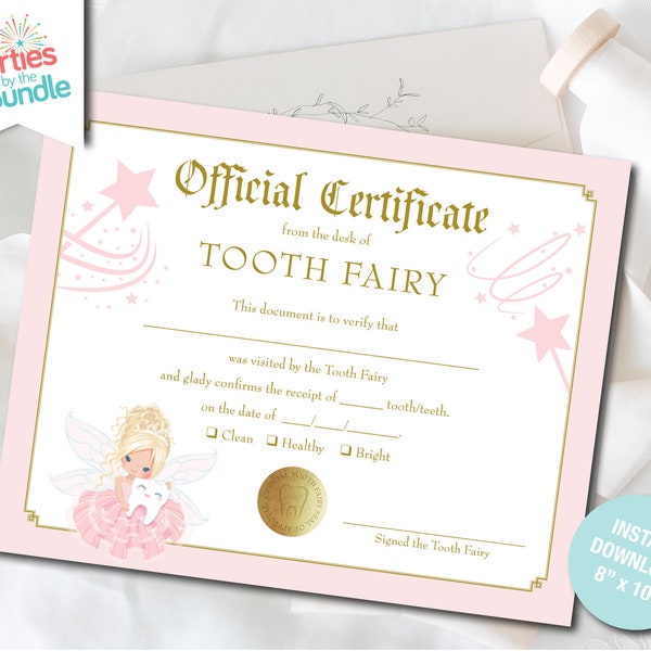 Tooth Fairy Certificate for Girl, Tooth Fairy Receipt, Lost Tooth Certificate, First Tooth Lost, Tooth Fairy Printable, INSTANT DOWNLOAD