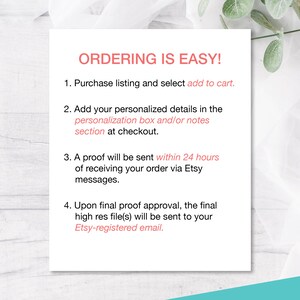 Puede incluir: Una tarjeta blanca con texto negro que describe los pasos para pedir un producto personalizado. El texto dice "&iexcl;Pedir es f&aacute;cil!" seguido de cuatro pasos numerados. Los pasos incluyen comprar una lista, agregar detalles personalizados, recibir una prueba dentro de las 24 horas y recibir el archivo final de alta resoluci&oacute;n.
