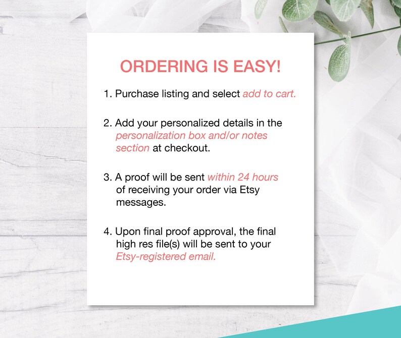Puede incluir: Una tarjeta blanca con texto negro que describe los pasos para pedir un producto personalizado. El texto dice "&iexcl;Pedir es f&aacute;cil!" seguido de cuatro pasos numerados. Los pasos incluyen comprar una lista, agregar detalles personalizados, recibir una prueba dentro de las 24 horas y recibir el archivo final de alta resoluci&oacute;n.