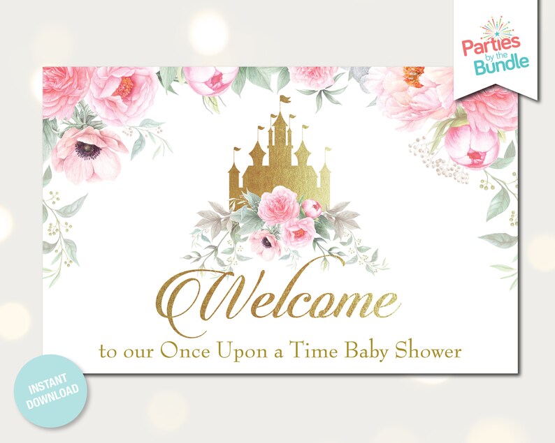 Puede incluir: Un cartel de bienvenida imprimible para un baby shower con un castillo dorado y flores rosas. El texto dice "Bienvenido a nuestro Baby Shower Once Upon a Time".