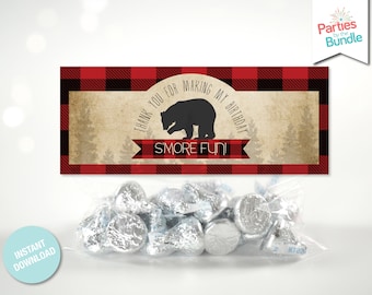 Lumberjack Birthday Treat Bag Toppers, Red Plaid Printable Party Favors, Candy Bag Topper, Favor Bag Treat Topper, INSTANT DOWNLOAD L4
