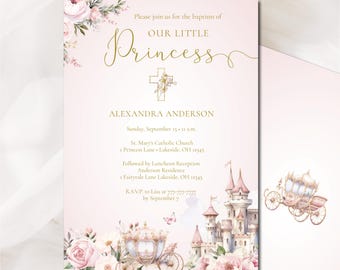 EDITABLE Princess Baptism Invitation | Girl’s First Communion Invite | Pink & Gold Fairytale Theme | Corjl Template PB2