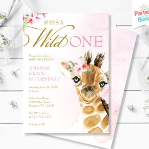 Pink Giraffe Birthday Invitation, Wild One First Birthday, Safari Girl Party Invitation, Jungle Safari Birthday Invite, She&#39;s a Wild One