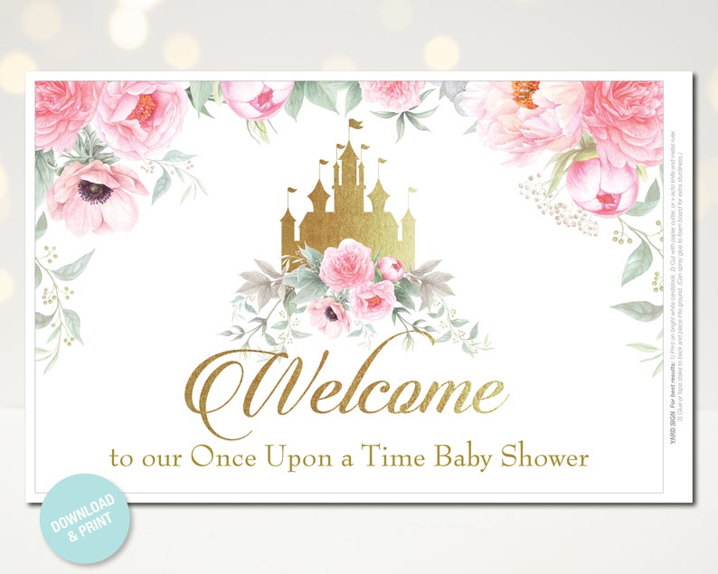 Puede incluir: Un cartel de bienvenida imprimible para un baby shower con un castillo dorado y flores rosas. El texto dice "Bienvenido a nuestro Baby Shower Once Upon a Time".