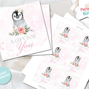 Etiquetas de regalo para baby shower con diseño de pingüino rosa Etiquetas de agradecimiento con diseño de pingüino de invierno Etiquetas de regalo imprimibles Suministros para fiestas de It's a Girl DESCARGA INSTANTÁNEA P07