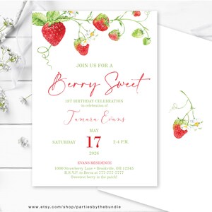 EDYTOWALNE Zaproszenie na 1. urodziny Berry Sweet | Zaproszenie Sweet One Strawberry dla dziewczynki | Motyw letnich owoców | Szablon Corjl BS2 zdjęcie 2