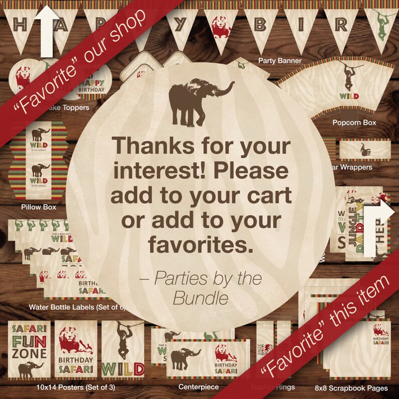 May include: A digital printable party kit for a jungle or safari themed birthday party. The kit includes a banner, cupcake toppers, water bottle labels, a pillow box, popcorn box, favor bags, and scrapbook pages. The design features a brown elephant, green leaves, and a zebra print pattern.