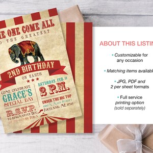 Puede incluir: Una invitaci&oacute;n de cumplea&ntilde;os con tem&aacute;tica de circo de estilo vintage con un fondo a rayas rojas y blancas. La invitaci&oacute;n presenta una ilustraci&oacute;n de un elefante con un tocado rojo y dorado. El texto de la invitaci&oacute;n dice "Come One Come All To The Greatest 2nd Birthday On Earth" y "Come Celebrate Grace's Special Day".