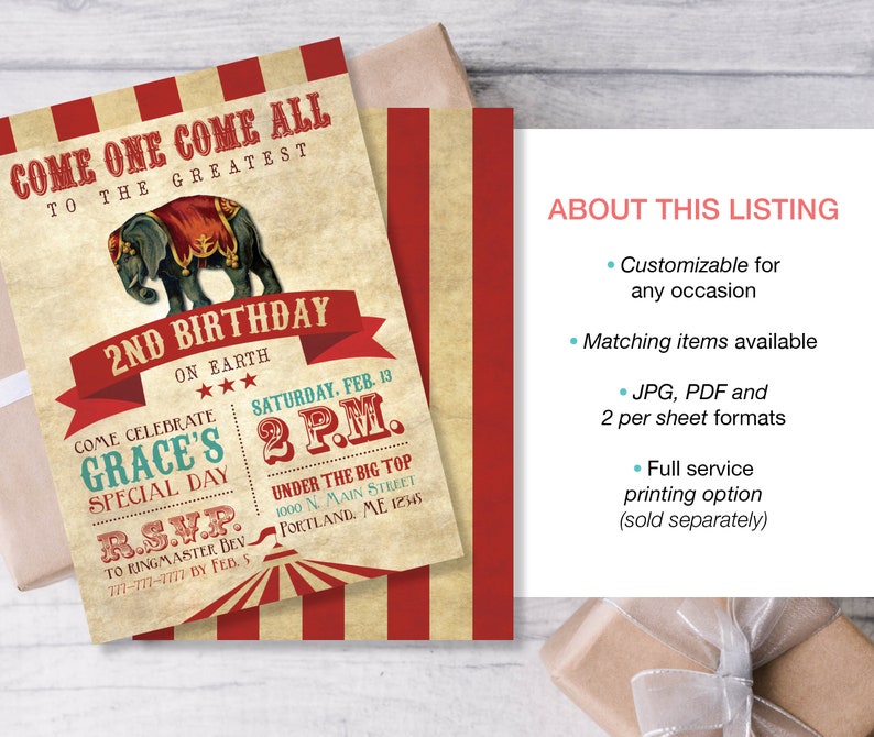 Puede incluir: Una invitaci&oacute;n de cumplea&ntilde;os con tem&aacute;tica de circo de estilo vintage con un fondo a rayas rojas y blancas. La invitaci&oacute;n presenta una ilustraci&oacute;n de un elefante con un tocado rojo y dorado. El texto de la invitaci&oacute;n dice "Come One Come All To The Greatest 2nd Birthday On Earth" y "Come Celebrate Grace's Special Day".