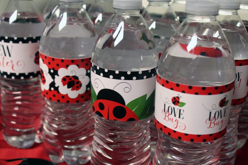 May include: Clear plastic water bottles with decorative labels. The labels feature ladybug designs, red polka dots, and the words "Love Bug". Some labels have a black and white polka dot border.