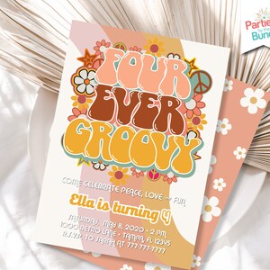 Four Ever Groovy Birthday Invitation Peace Love 70s Hippie Party Boho Retro Rainbow Floral 4th Birthday Party Invite #005