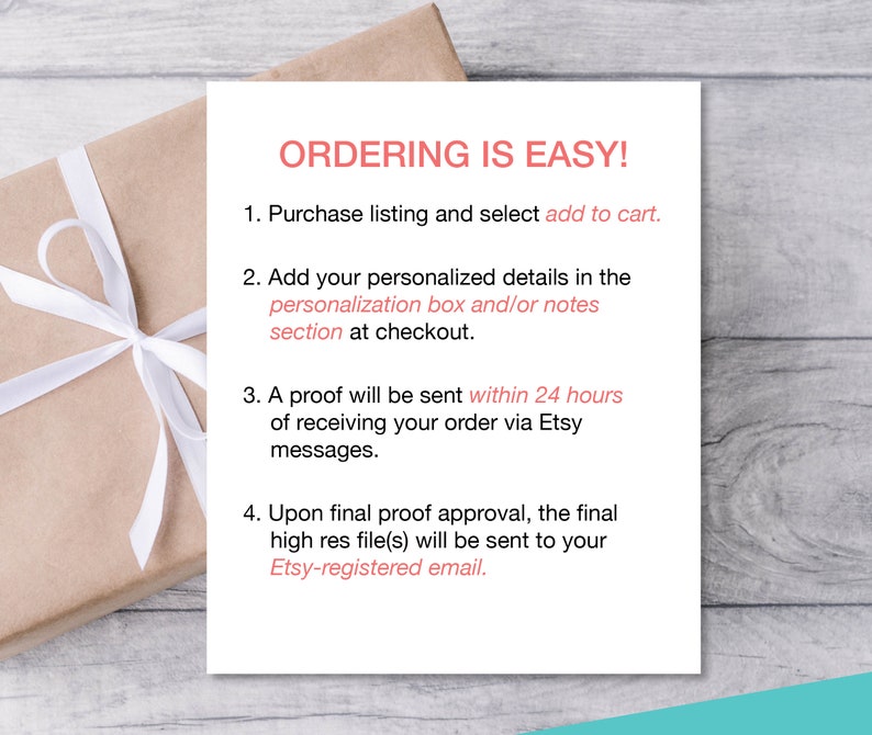 Puede incluir: Una tarjeta blanca con el texto "ORDERING IS EASY!" y una lista de cuatro pasos para pedir un producto personalizado. Los pasos incluyen comprar una lista, agregar detalles personalizados, recibir una prueba dentro de las 24 horas y recibir el archivo final de alta resoluci&oacute;n.