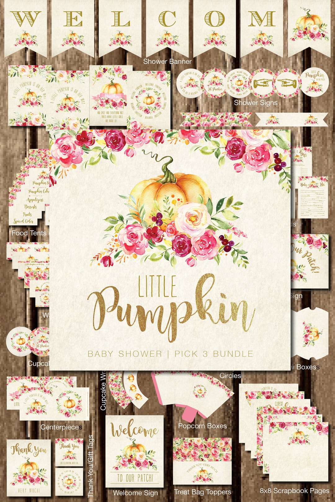 Little Pumpkin Printable Baby Shower Bundle, Pumpkin Shower Supplies ...