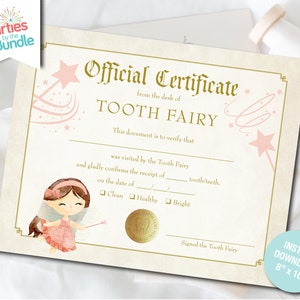 Tooth Fairy Certificate for Girl, Tooth Fairy Receipt, Lost Tooth Certificate, First Tooth Lost, Tooth Fairy Printable, INSTANT DOWNLOAD