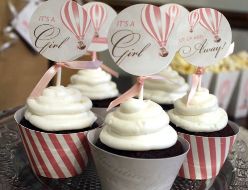 Up Up And Away Baby Shower Cupcake Toppers Wrappers Set Hot Air Balloon Cupcake Toppers Up Up And Away Baby Shower Printables