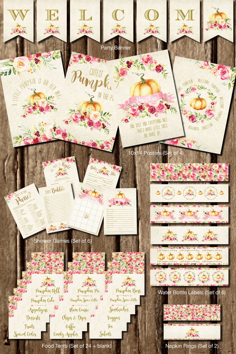 Puede incluir: Un conjunto de art&iacute;culos para fiestas con tem&aacute;tica oto&ntilde;al. Incluye una pancarta, carteles, juegos, carpas de comida, etiquetas para botellas de agua y servilleteros. Dise&ntilde;os con calabazas, arreglos florales y texto en dorado y rosa.
