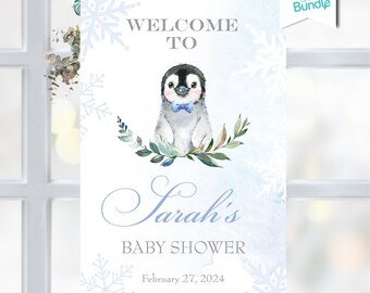 May include: Welcome to Sarah's Baby Shower sign with a cute penguin illustration, snowflakes, and a blue watercolor background. The date of the shower is February 27, 2024.