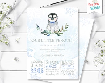 Winter Boy Birthday Party Invitation, Penguin Birthday, Penguin Party, Baby Its Cold Outside, Winter Wonderland, Snowflake Birthday