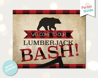 Lumberjack Birthday Party Decorations, Buffalo Plaid Welcome Sign, Red Plaid Flannel Party Sign, Lumberjack First, INSTANT DOWNLOAD L4