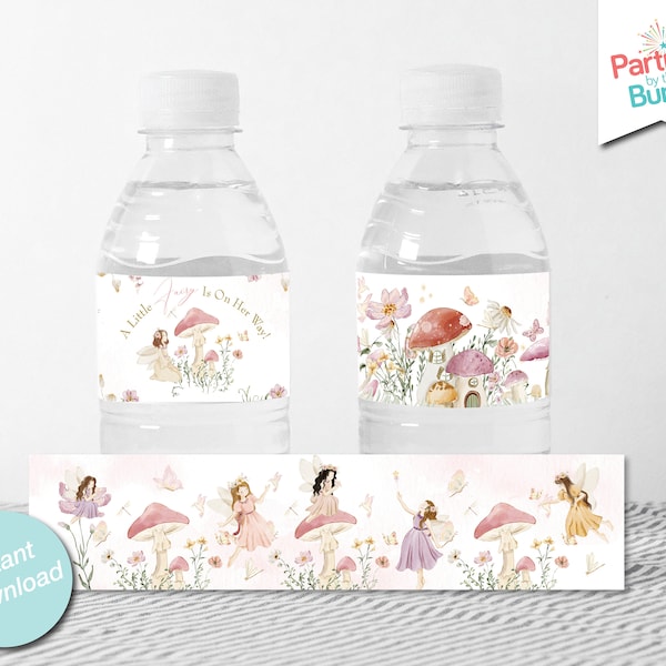 Fairy Baby Shower Water Bottle Labels, Printable Water Bottle Wrappers, Baby Shower Favors, Garden Fairy Shower Decoration, INSTANT DOWNLOAD