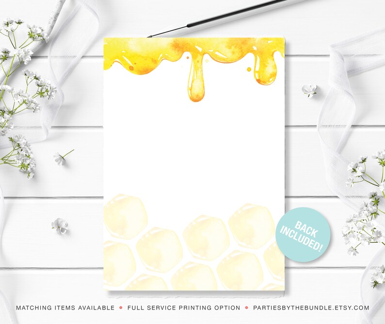 May include: A printable honeybee baby shower invitation with a watercolour design of dripping honey and honeycomb. The text "Back Included!" is on a blue circle.