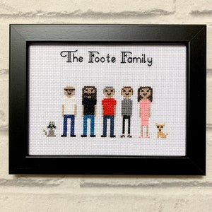 Family cross stitch pet portrait, custom, personalised, handmade keepsake, artwork, memory, generational home decor, anniversary, engagement image 1