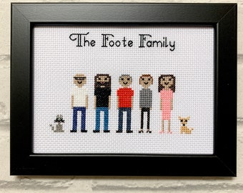 Family cross stitch pet portrait,  personalised custom embroidery needlepoint, birthday, anniversary gift couple present