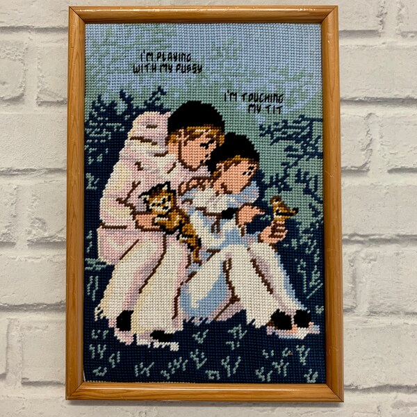 FRAMED finished & completed cross stitch bitch | vintage upcycled needlepoint embroidery | recycled sustainable art | gift for her him