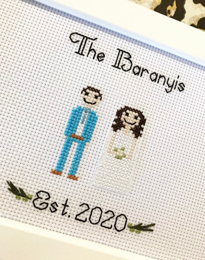 Bride & groom framed cross stitch, custom personalised wedding marriage, engagement anniversary gift, needlepoint embroidery, couple goals WHITE FRAME