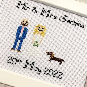 Bride & groom framed cross stitch, custom personalised wedding marriage, engagement anniversary gift, needlepoint embroidery, couple goals image 2