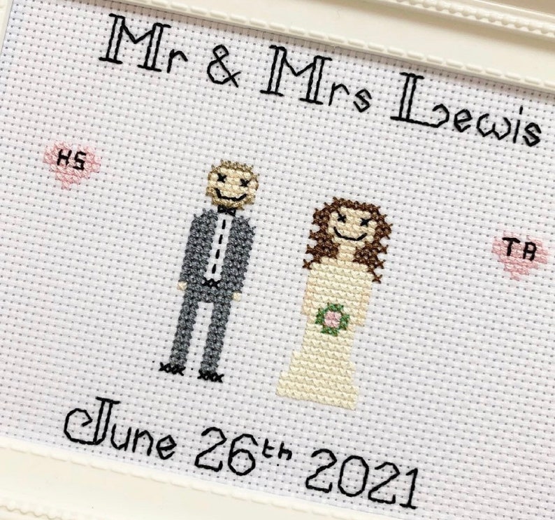 Bride & groom framed cross stitch, custom personalised wedding marriage, engagement anniversary gift, needlepoint embroidery, couple goals image 7