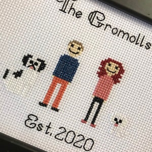 Family cross stitch pet portrait, custom, personalised, handmade keepsake, artwork, memory, generational home decor, anniversary, engagement image 9