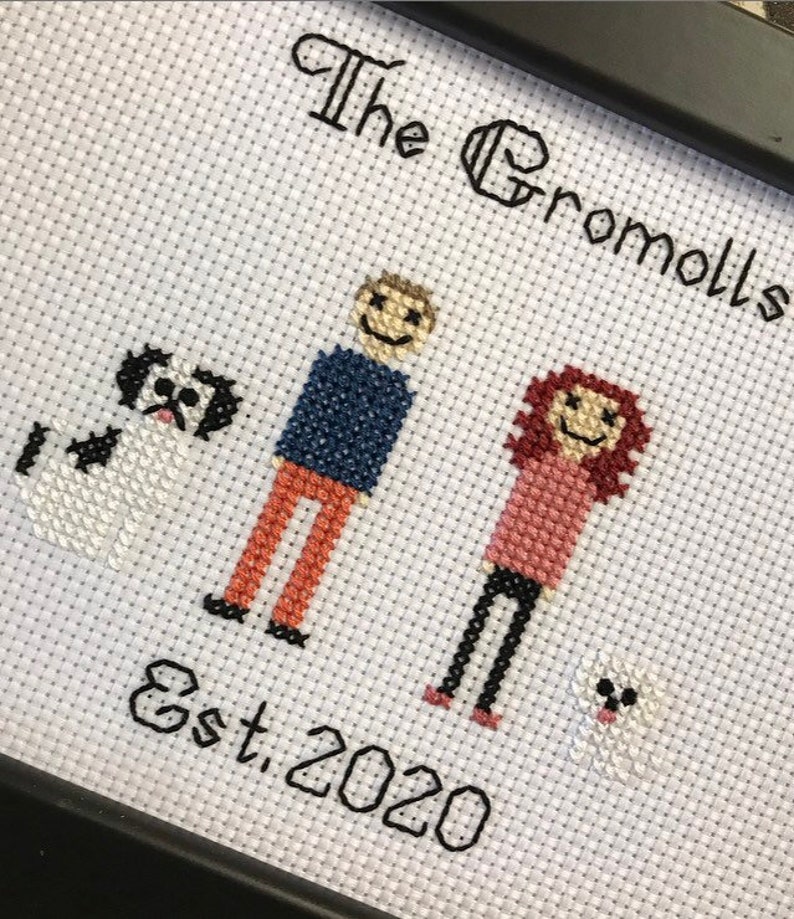 Family cross stitch pet portrait, custom, personalised, handmade keepsake, artwork, memory, generational home decor, anniversary, engagement image 9