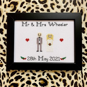 Bride & groom framed cross stitch, custom personalised wedding marriage, engagement anniversary gift, needlepoint embroidery, couple goals BLACK FRAME