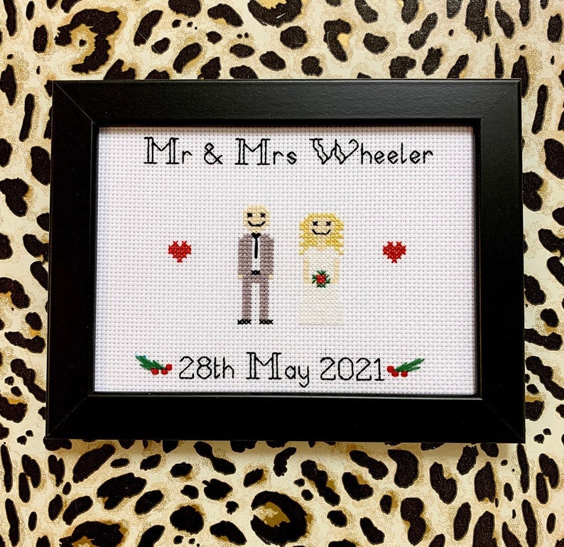 Bride & groom framed cross stitch, custom personalised wedding marriage, engagement anniversary gift, needlepoint embroidery, couple goals BLACK FRAME