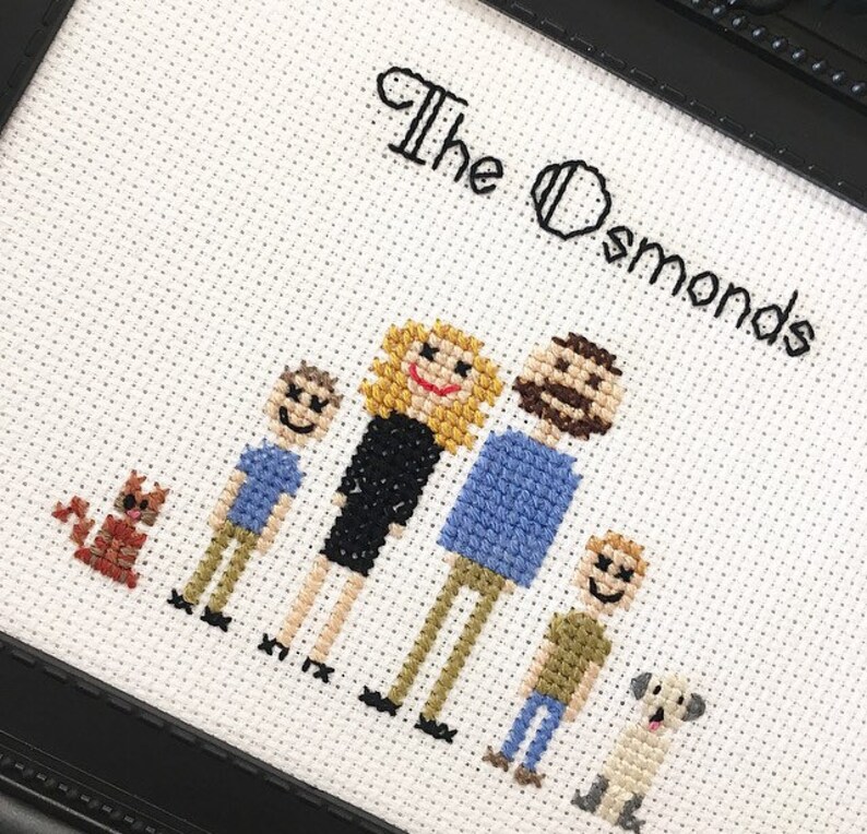 Family cross stitch pet portrait, custom, personalised, handmade keepsake, artwork, memory, generational home decor, anniversary, engagement 6 Figures