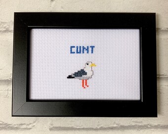 MATURE framed completed cross stitch bitch | seagull |rude funny birthday for him her | quirky gag novelty alternative unusual gift