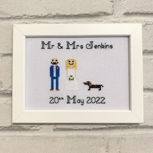 Bride & groom framed cross stitch, custom personalised wedding marriage, engagement anniversary gift, needlepoint embroidery, couple goals image 1