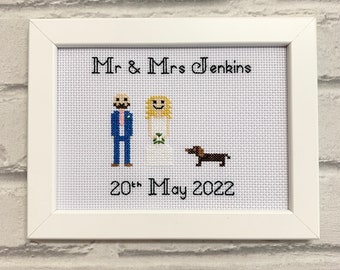 Bride & groom framed cross stitch, custom personalised wedding marriage, engagement anniversary gift, needlepoint embroidery, couple goals